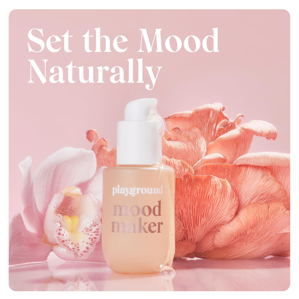 Playground Mood Maker oil on nightstand suggests easy access for intimate moments.