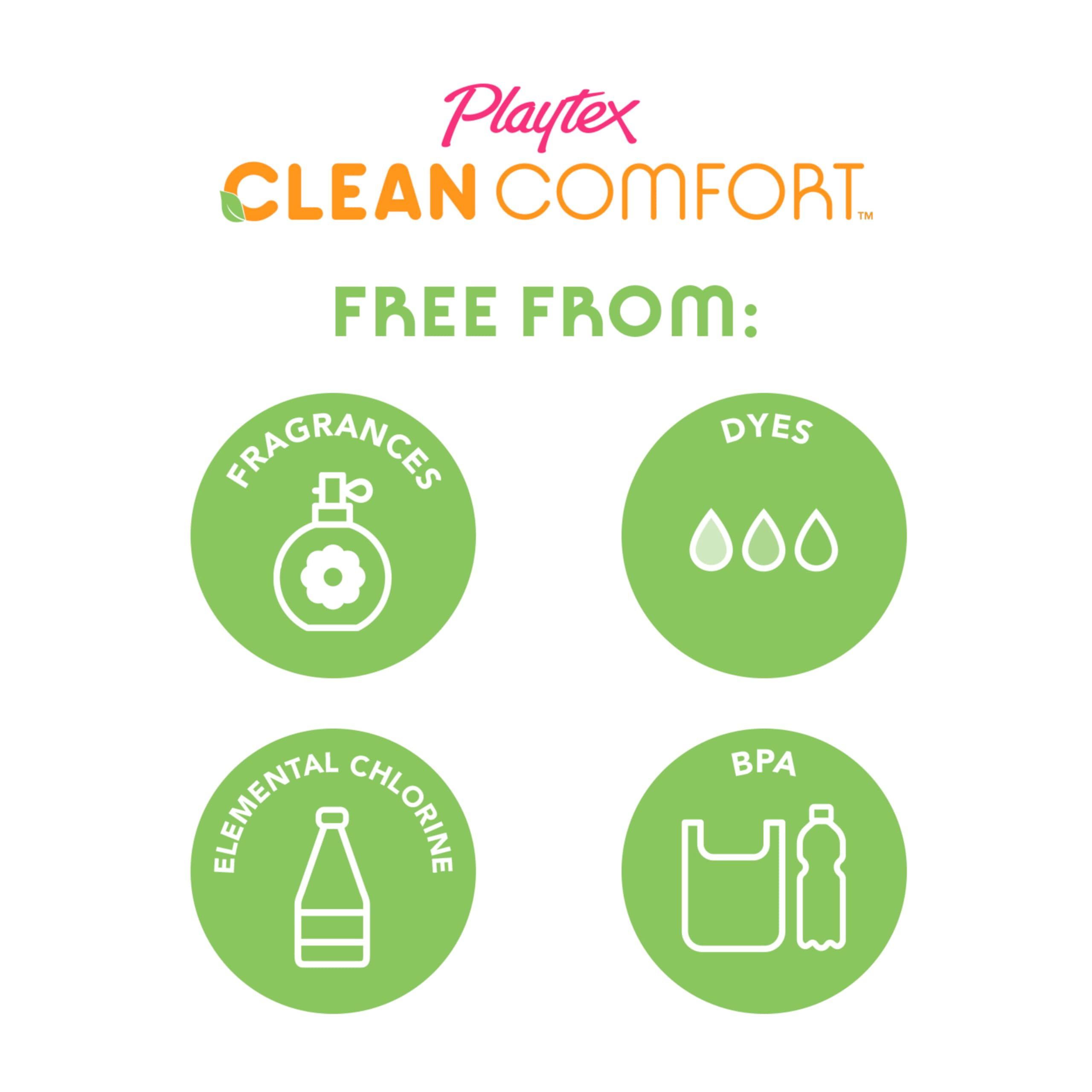 Playtex fragrance-free label emphasizing chlorine-free organic cotton and dye-free composition.