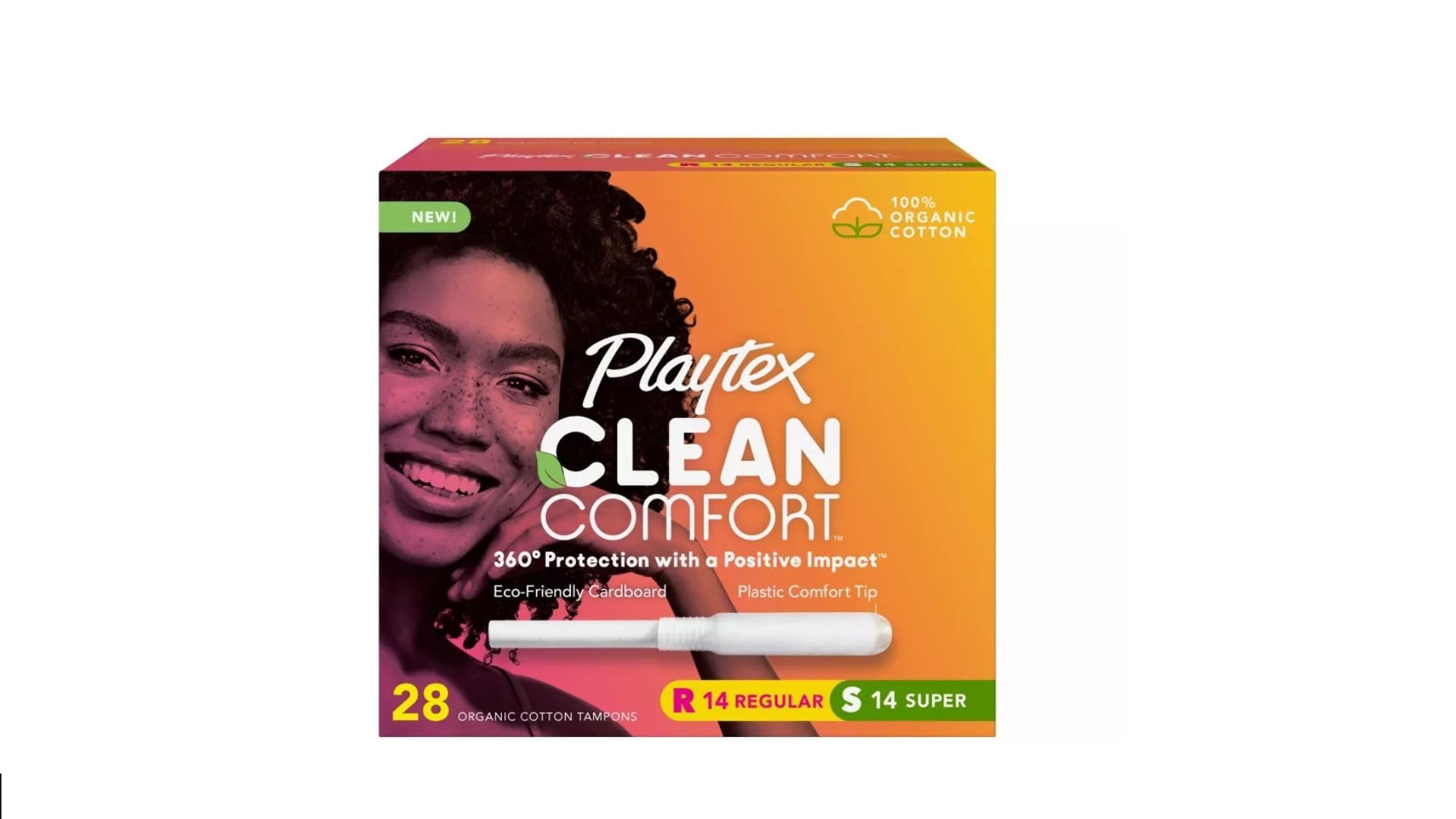 Playtex Clean Comfort Organic Cotton Tampons pack shot, fragrance-free design for sensitive days.