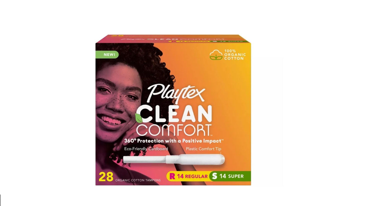 Playtex Clean Comfort Organic Cotton Tampons pack shot, fragrance-free design for sensitive days.