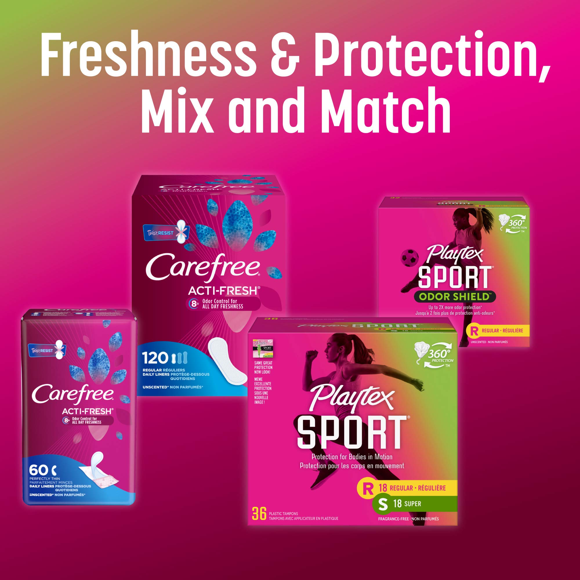 Playtex Sport multi-pack packaging shows convenient sizes for gym and life