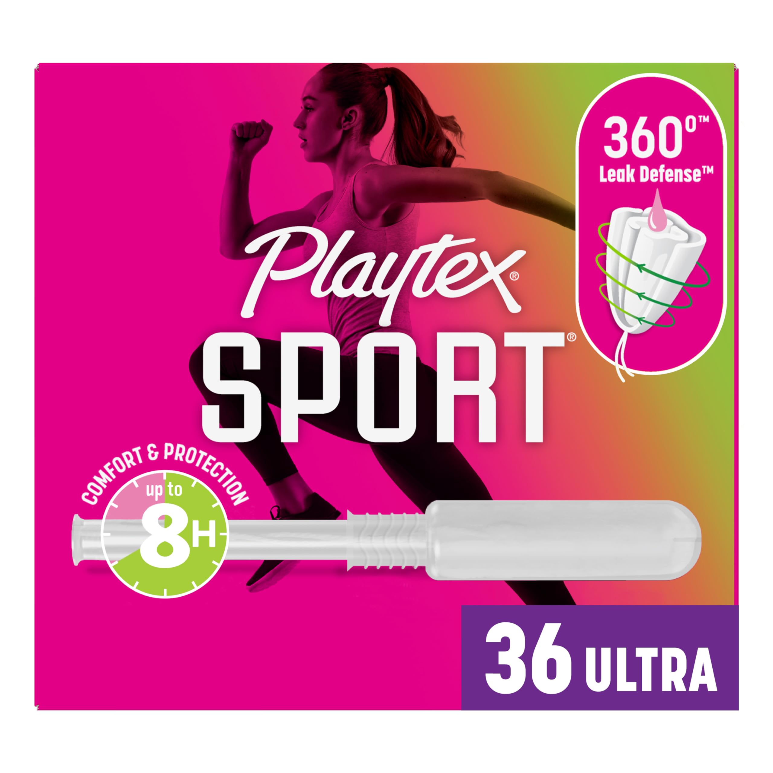 Playtex Sport Ultra Absorbency tampon 36ct pack for workouts.