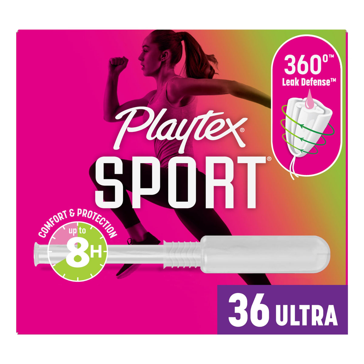 Playtex Sport Ultra Absorbency tampon 36ct pack for workouts.