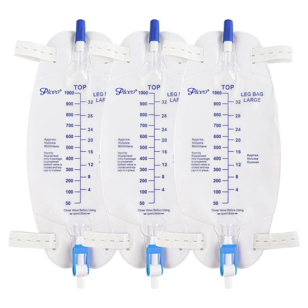 Plceo Easy-Tap Leg Bag 1000ml with anti-reflux valve for secure drainage.