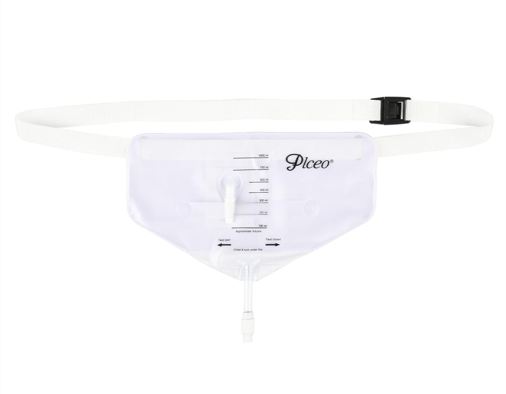 Plceo urine bag with waist belt shows discreet belly wear for daily comfort.