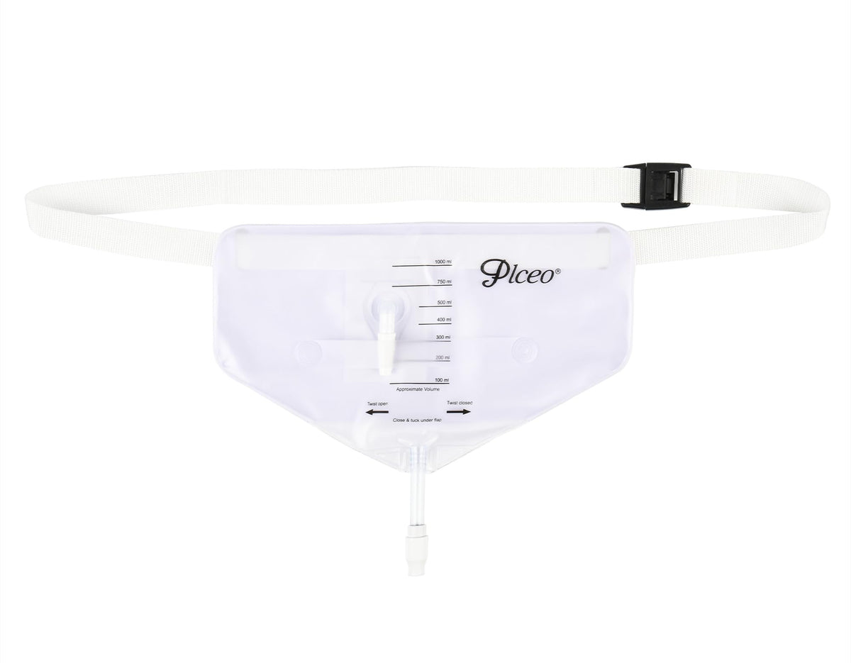 Plceo urine bag with waist belt shows discreet belly wear for daily comfort.