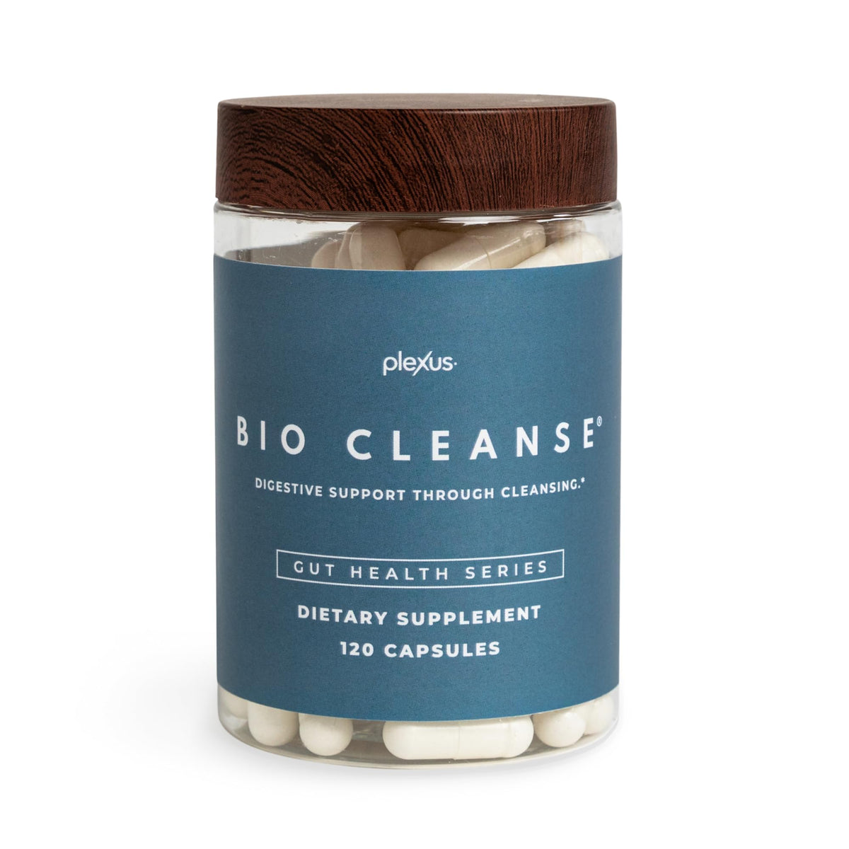 Plexus Bio Cleanse bottle with capsules for gentle gut cleansing and regularity.