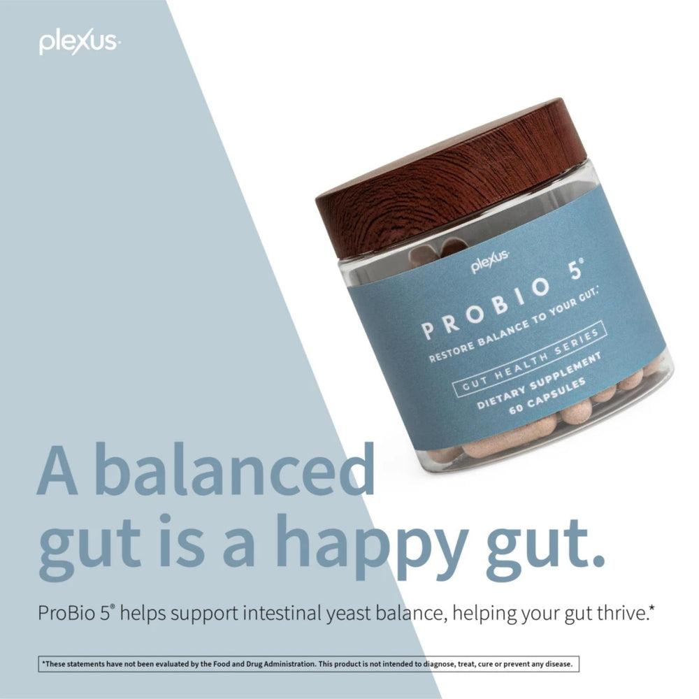 Plexus ProBio 5 label close-up shows five strains and CFU per capsule