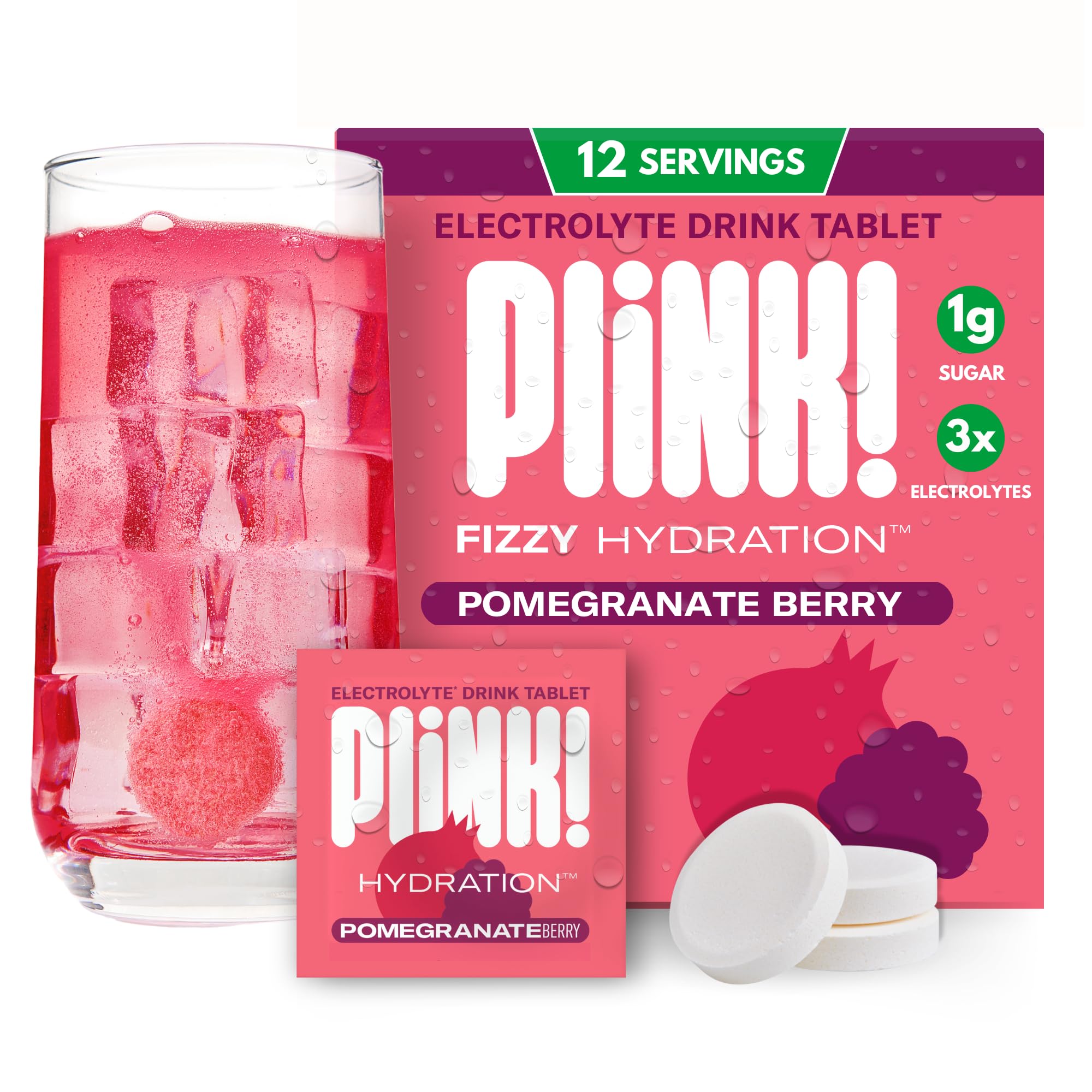 Plink! Pomegranate Berry fizzing electrolyte tablets in water for refreshing hydration.