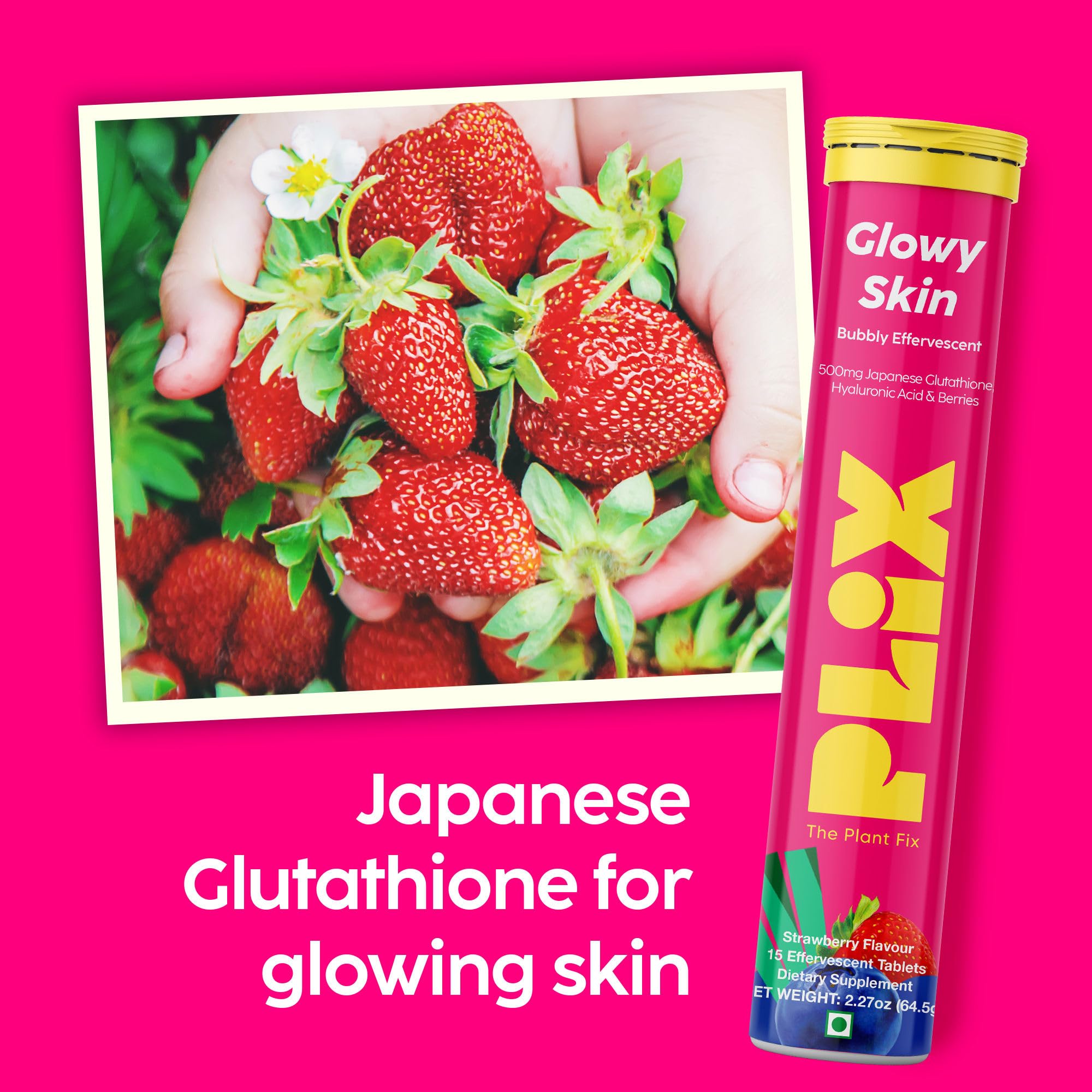 PLIX Glowy Skin Hyaluronic Acid tablet with Vitamin C shown in a refreshing drink.