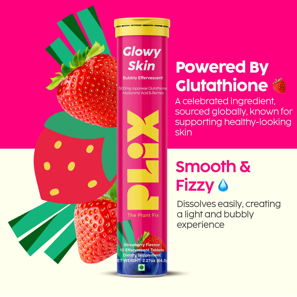 PLIX Glowy Skin bottle emphasizes gluten-free, non-GMO benefits for mindful snacking.