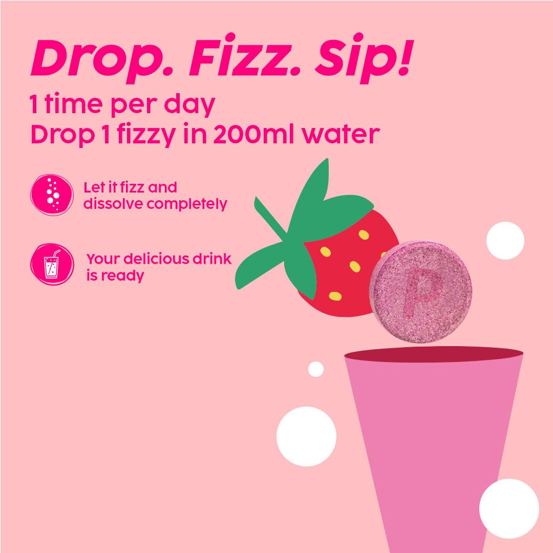 PLIX Glowy Skin easy-to-use effervescent tablet sits beside a glass of fresh water.