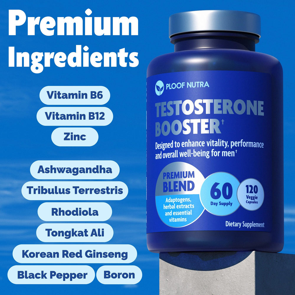 PLOOF Nutra bottle beside a glass emphasizes routine use and energy support.