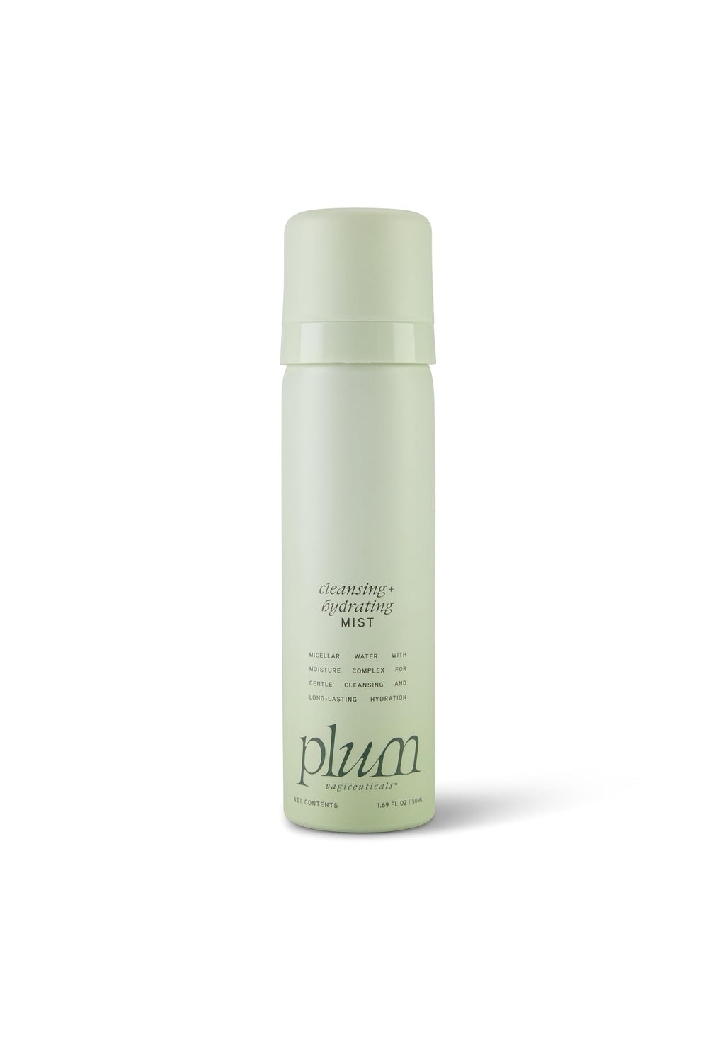 PLUM Vagiceuticals Cleansing + Hydrating Feminine Mist bottle ideal for daily freshening and on-the-go use.