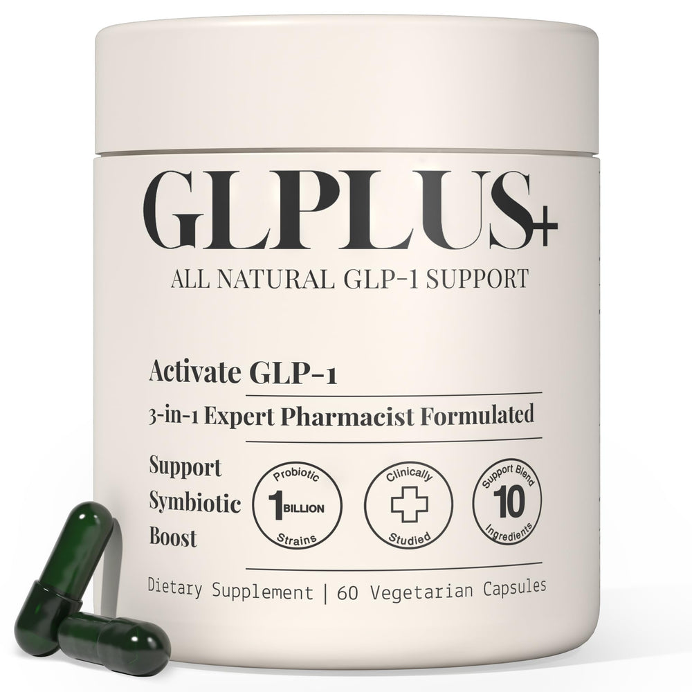 Plus+Ultra GLP-1 supplement bottle for daily wellness support.