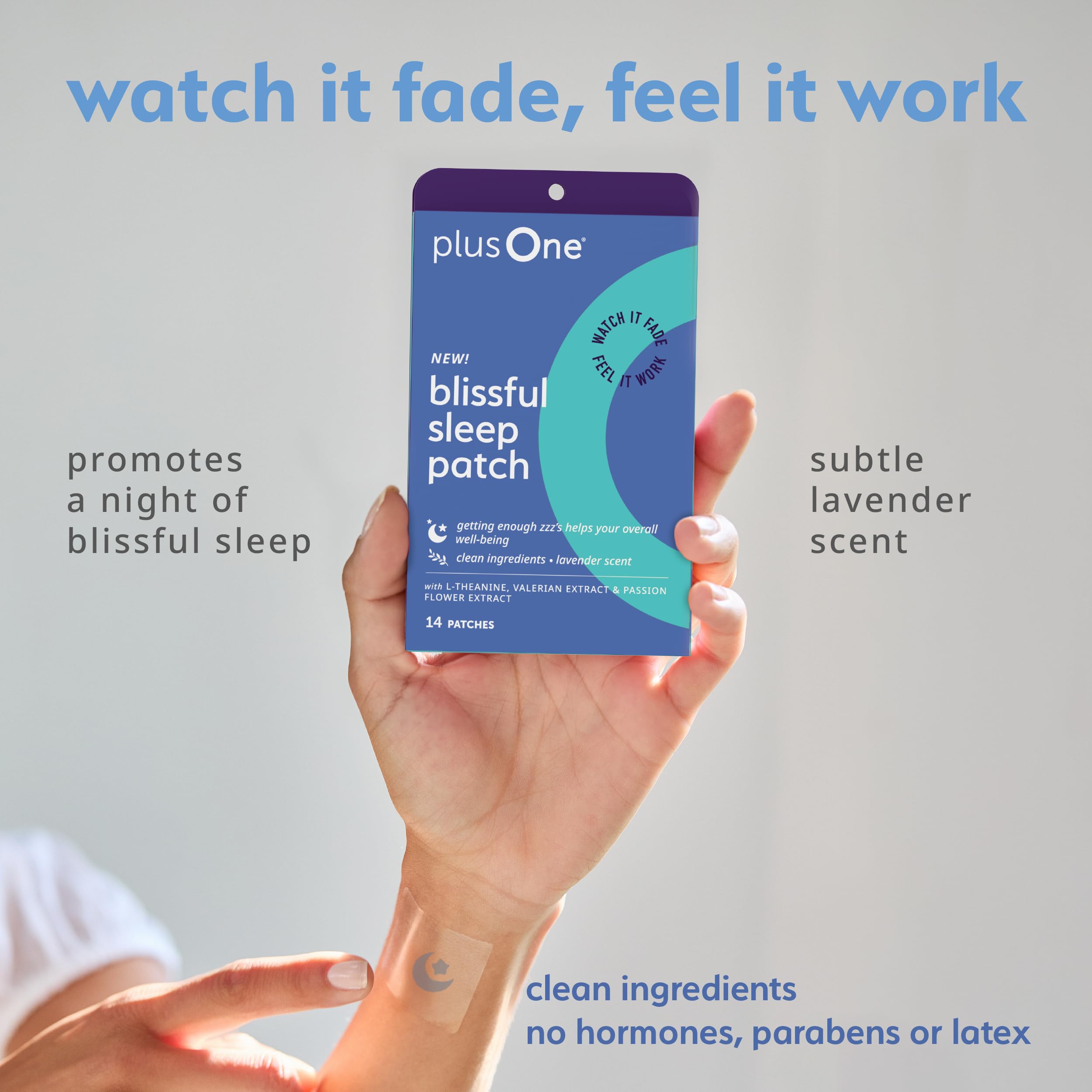 PlusOne Blissful Sleep Patch close-up of ingredients highlighting magnesium and herbal blends.