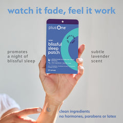 PlusOne Blissful Sleep Patch close-up of ingredients highlighting magnesium and herbal blends.