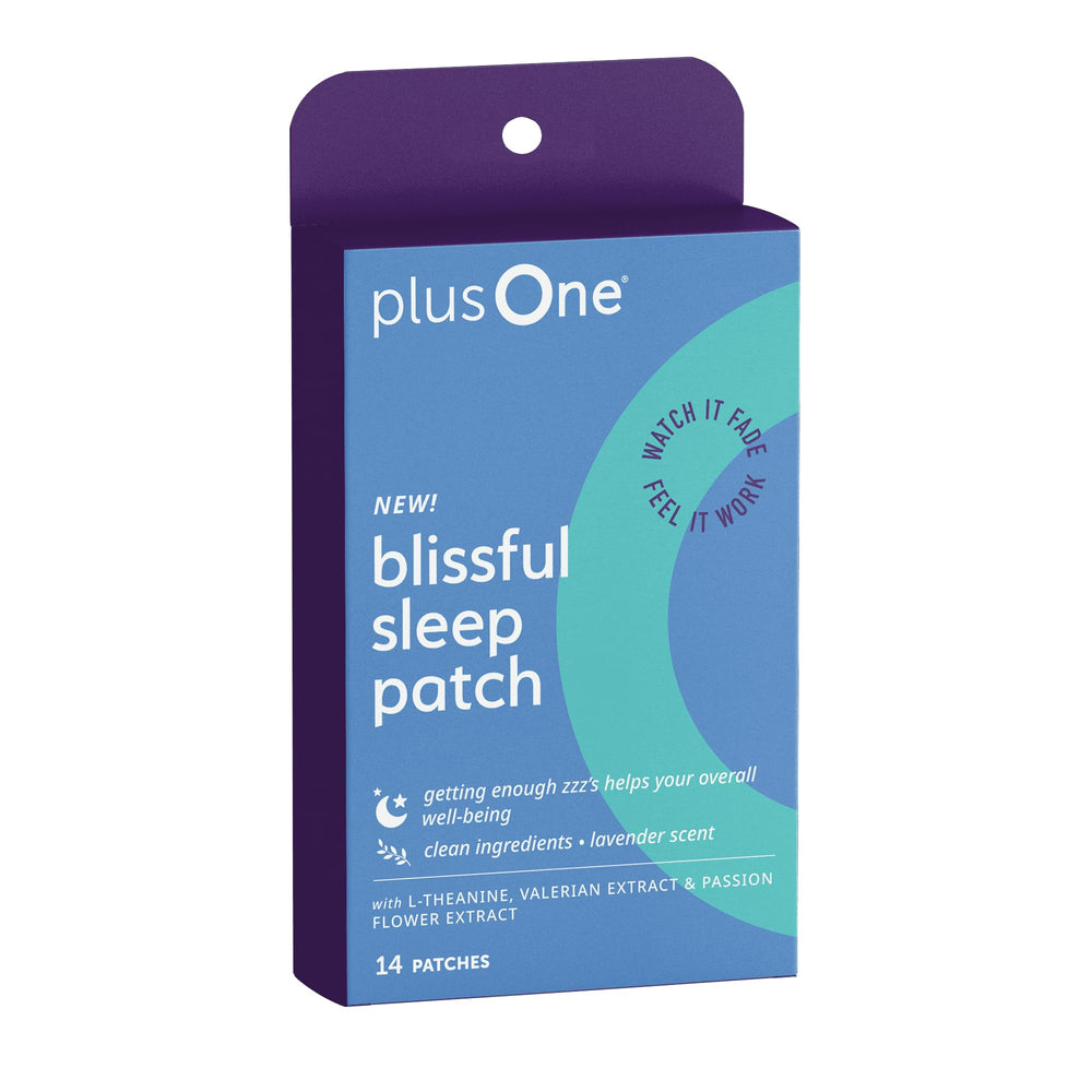 PlusOne Blissful Sleep Patch packaging shows a 14-count box for easy nightly use.