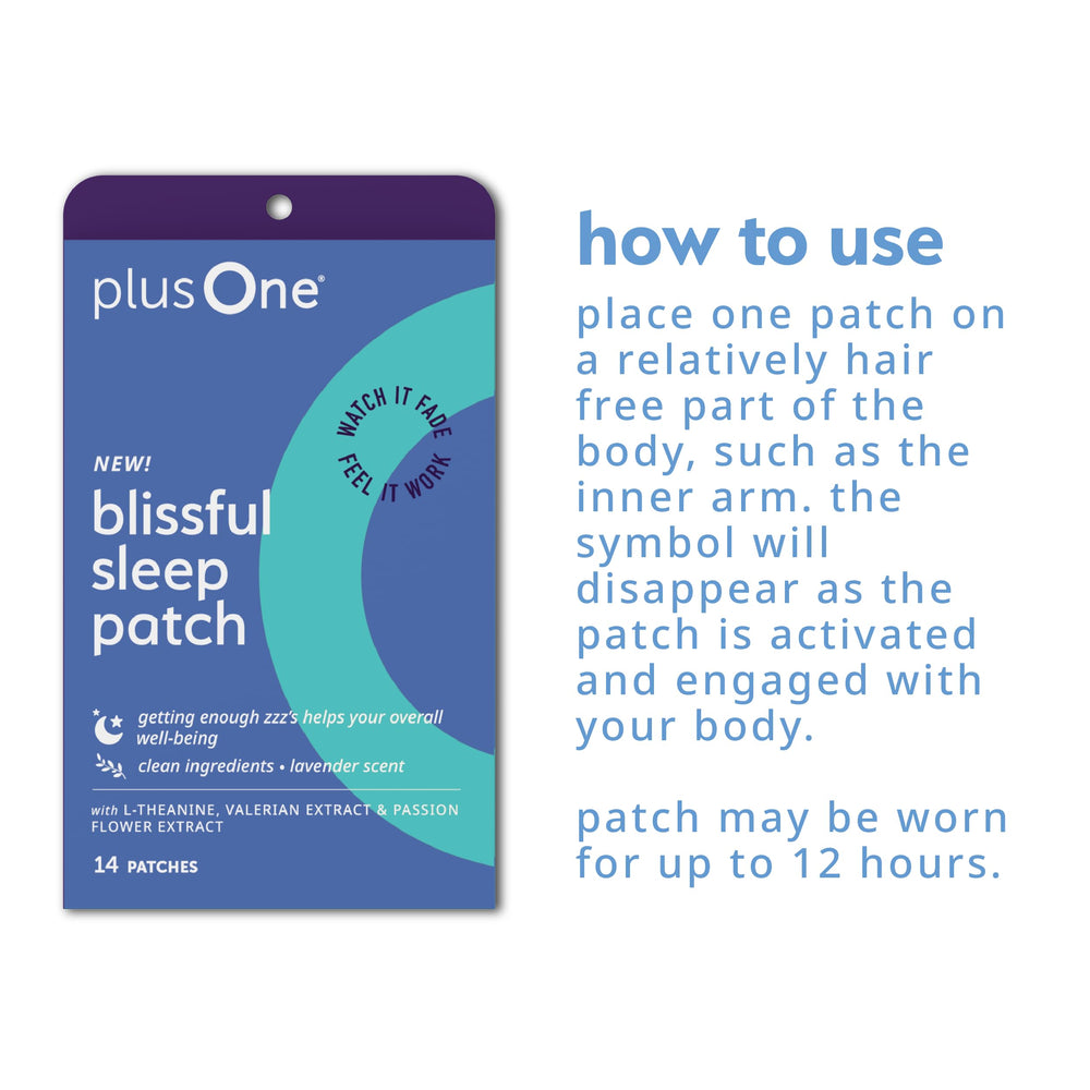 PlusOne Blissful Sleep Patch foil wrapper emphasizes mess-free, no-pill routine.