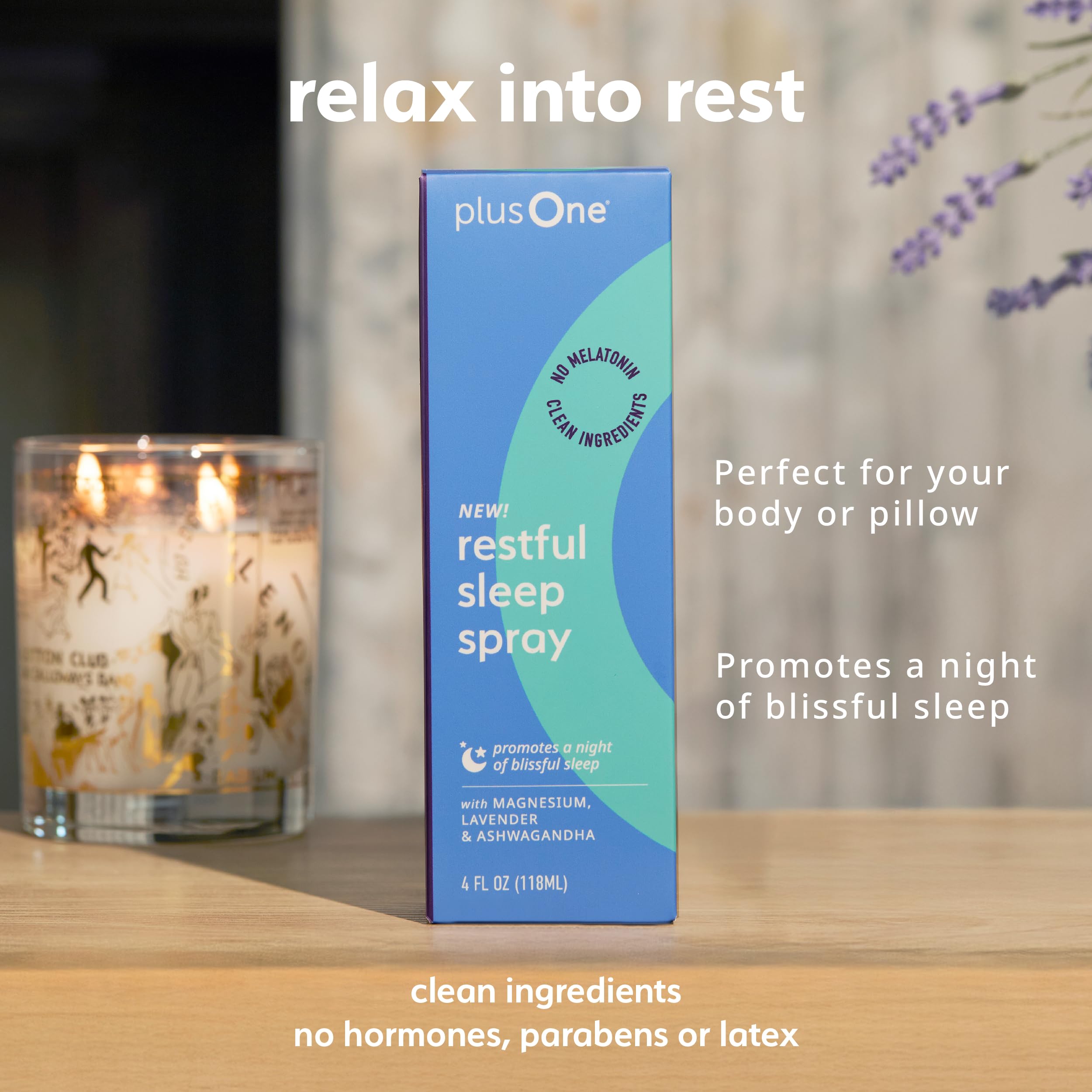 PlusOne Blissful Sleep Spray ingredients display magnesium and lavender for soothing evening wind-down.