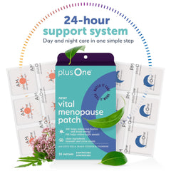 plusOne Vital Menopause Patch AM on-arm demonstrates citrus-scented energy support.