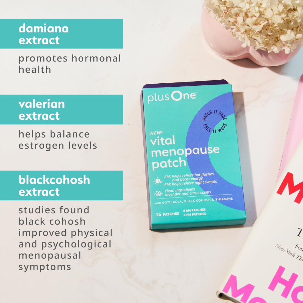 plusOne Vital Menopause Patch PM box invites lavender-scented wind-down routine.