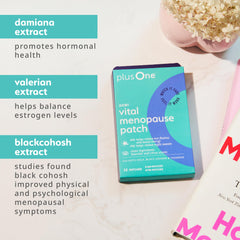 plusOne Vital Menopause Patch PM box invites lavender-scented wind-down routine.