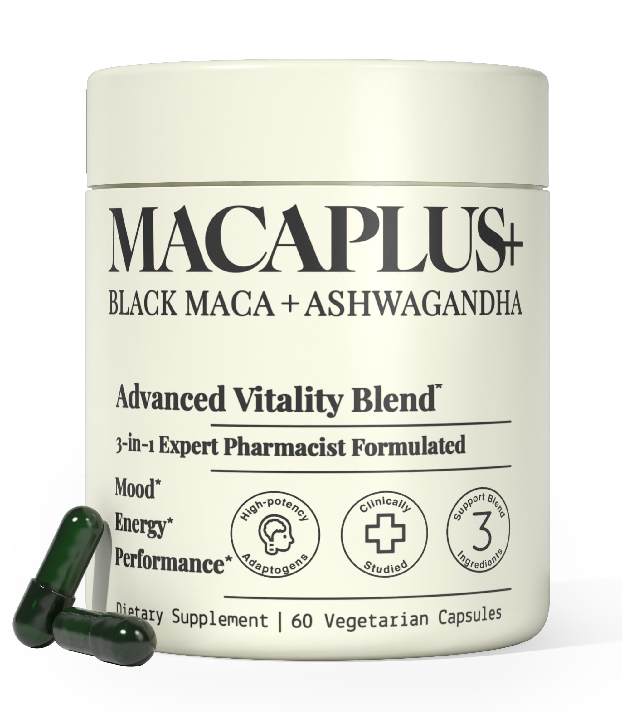 Plus+Ultra Black Maca bottle showcases concentrated maca extract for daily vitality.