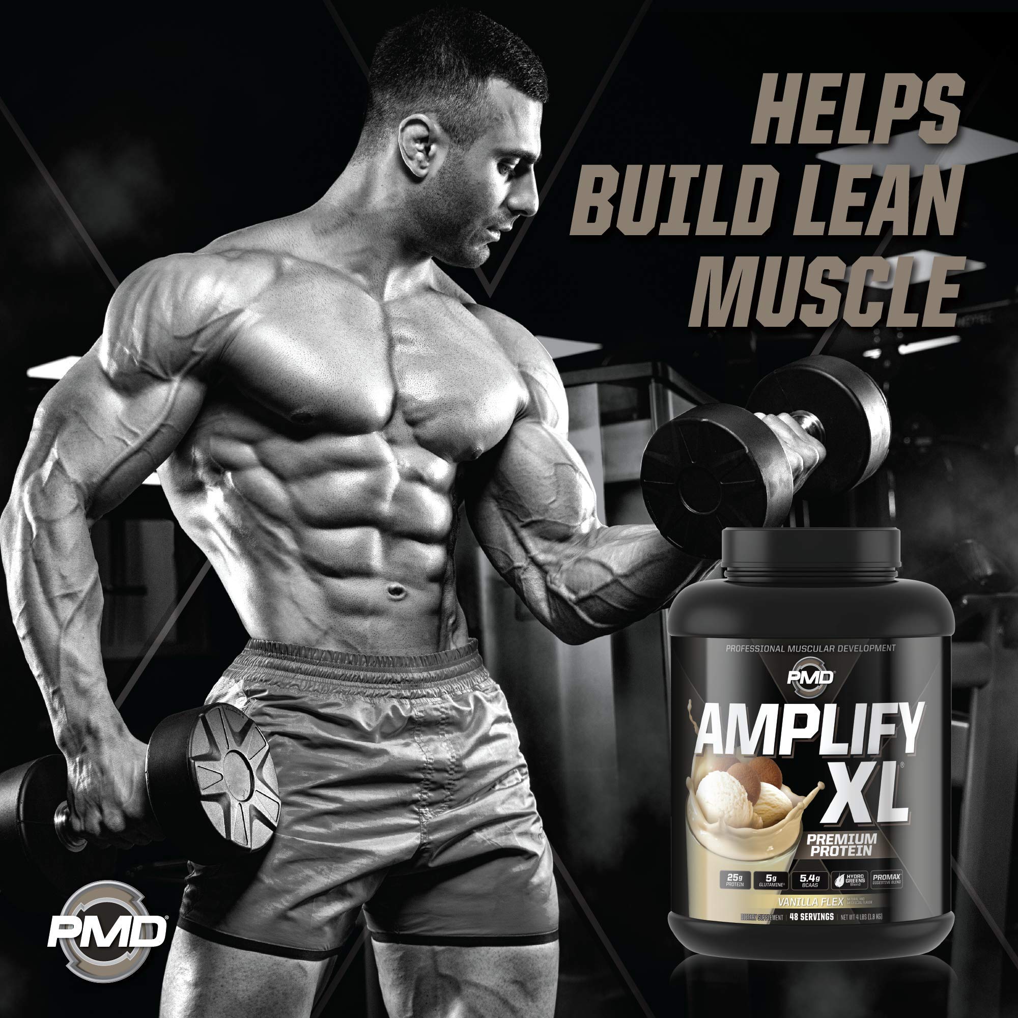 PMD Amplify XL Vanilla Flex scoop shows serving size for precise daily protein.