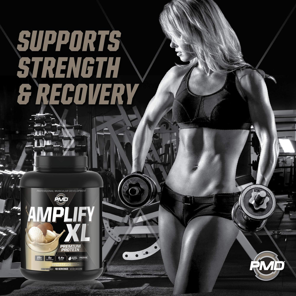 PMD Amplify XL Vanilla Flex shake glass illustrating quick post-workout nourishment.