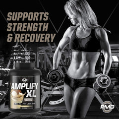 PMD Amplify XL Vanilla Flex shake glass illustrating quick post-workout nourishment.