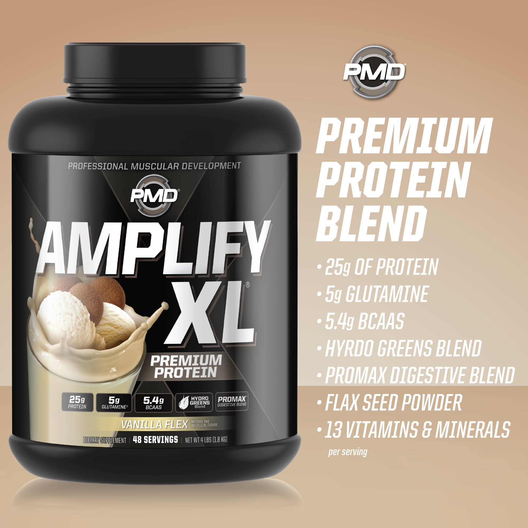 PMD Amplify XL Whey Protein Blend close-up showing fast-acting protein for muscles.