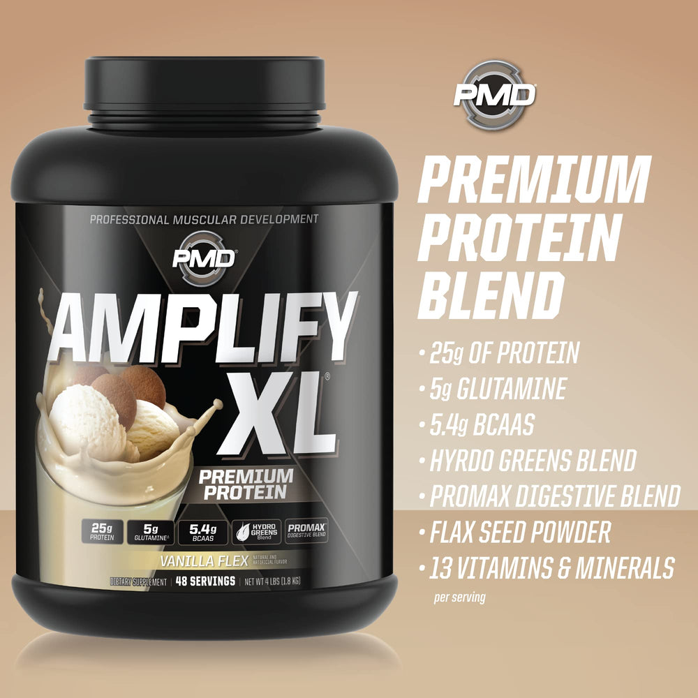 PMD Amplify XL Whey Protein Blend close-up showing fast-acting protein for muscles.