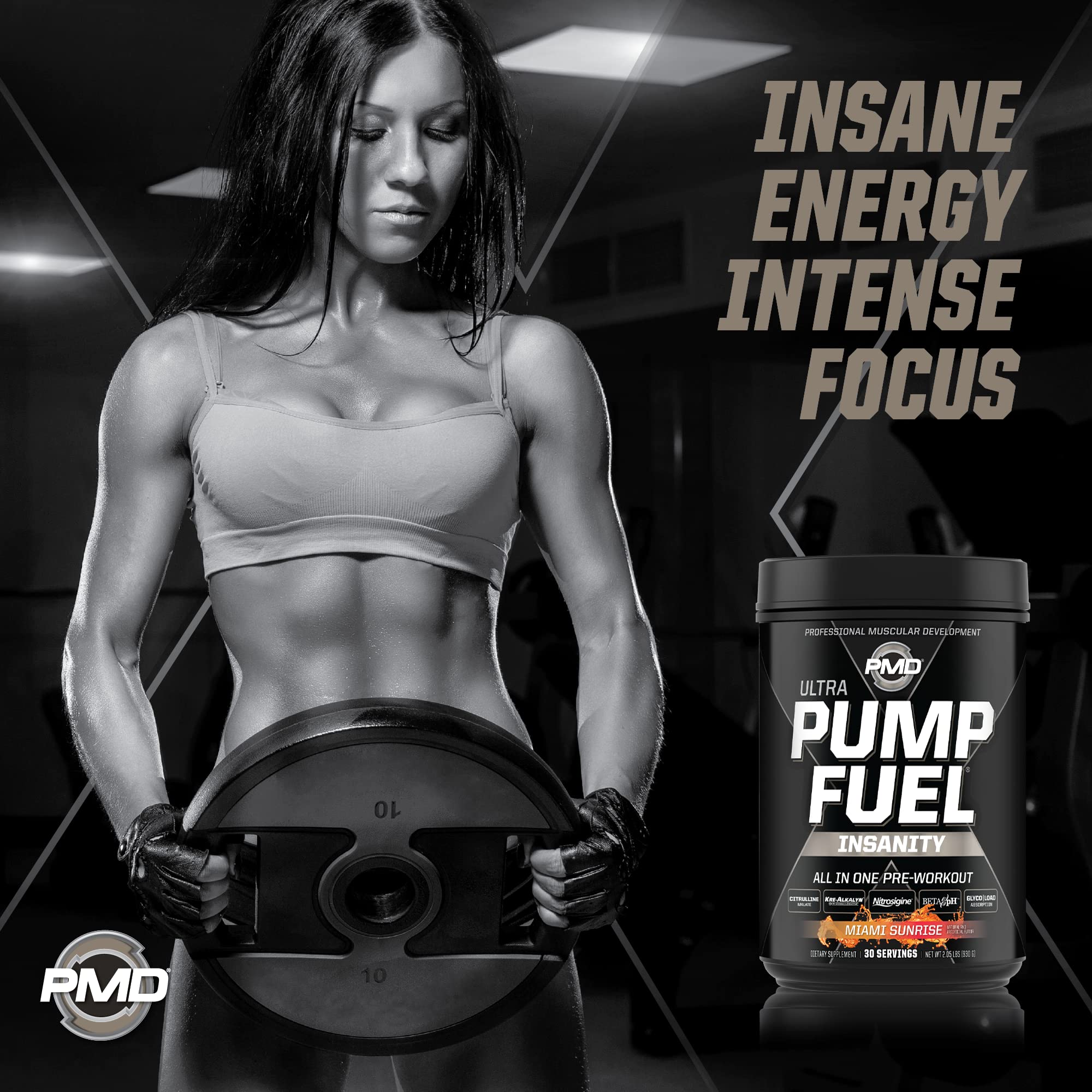Bottle beside gym bench signaling endurance support with PMD pre-workout