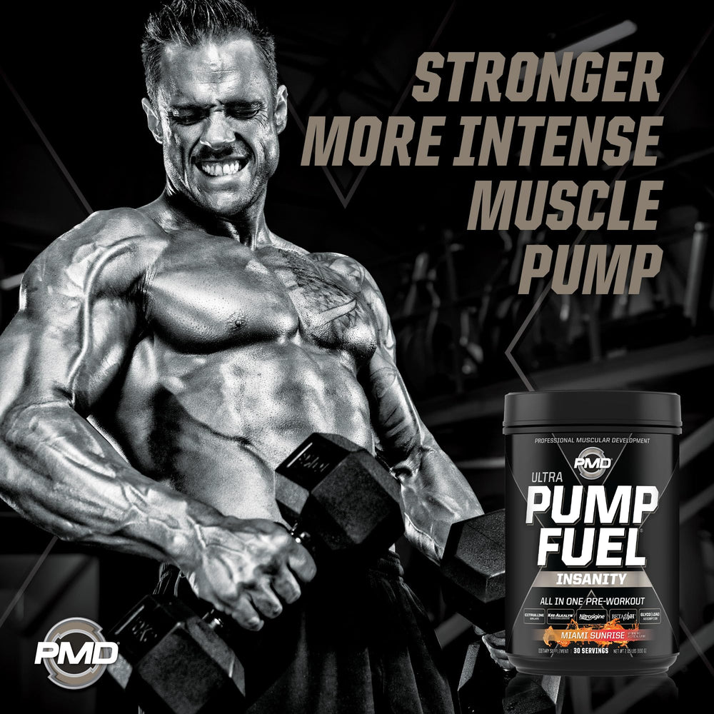 Scoop of PMD Pump Fuel Ultra Insanity powder ready to mix in a shaker