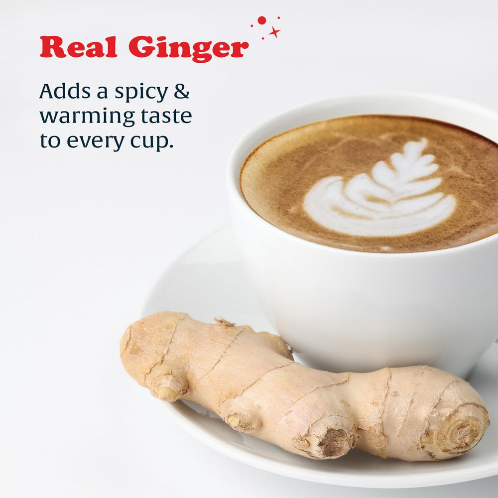 Pocas Ginger Latte ingredients close-up showing ginger and milk.