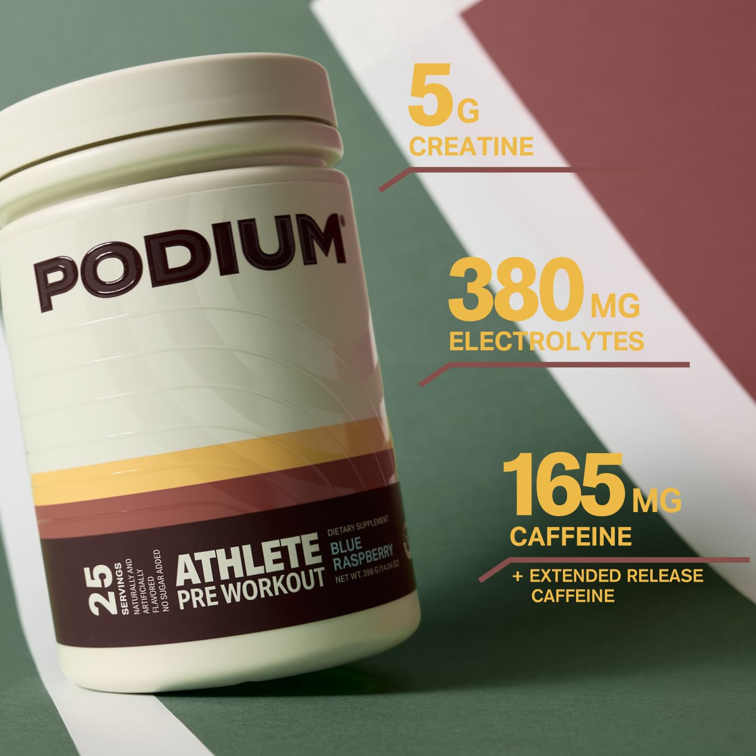 Podium Nutrition Athlete Pre-Workout blue raspberry powder shown in glass for sustained energy.