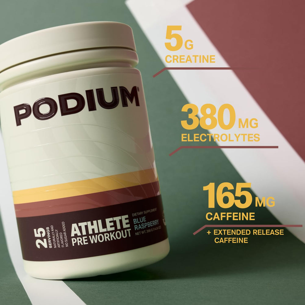 Podium Nutrition Athlete Pre-Workout blue raspberry powder shown in glass for sustained energy.