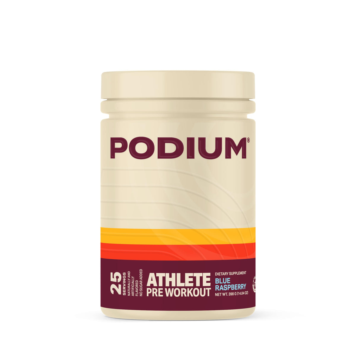 Podium Nutrition Athlete Pre-Workout Blue Raspberry tub ready to mix for energized training sessions.