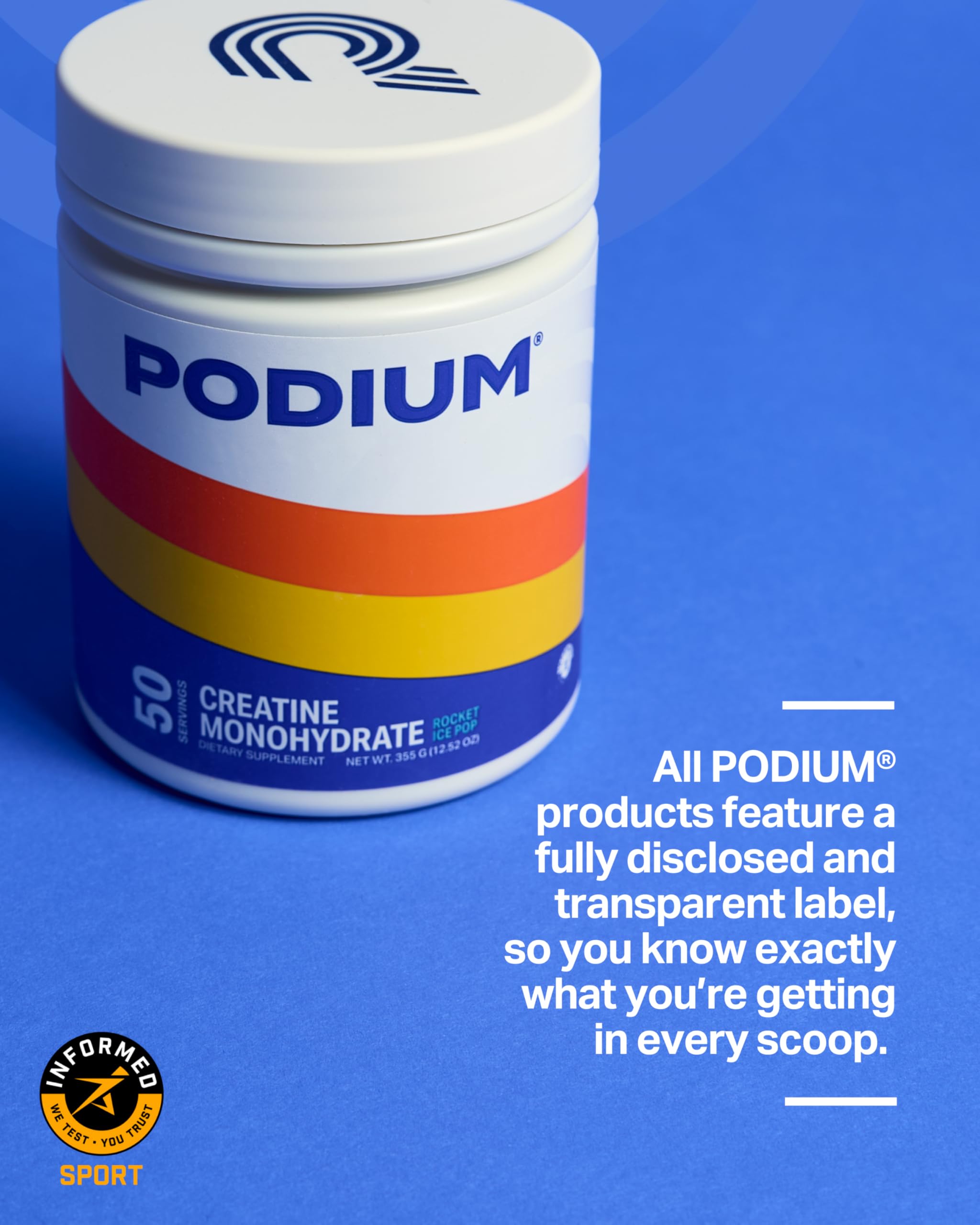 Podium Nutrition creatine powder close-up showing fine texture for quick mixing.