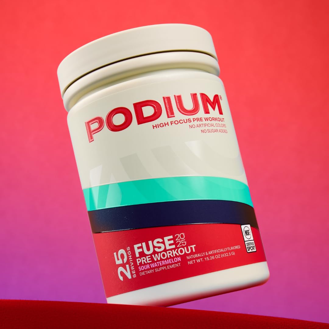 Podium Nutrition Fuse 2025 pre-workout powder in a jar highlighting premium formula