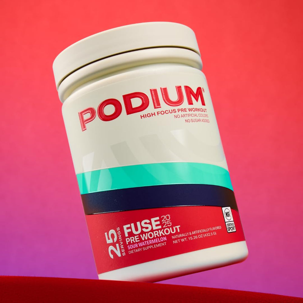 Podium Nutrition Fuse 2025 pre-workout powder in a jar highlighting premium formula