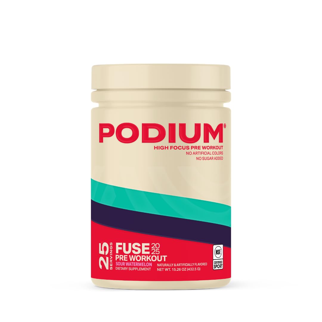 Podium Nutrition Fuse 2025 Sour Watermelon bottle with refreshing pre-workout energy on the go