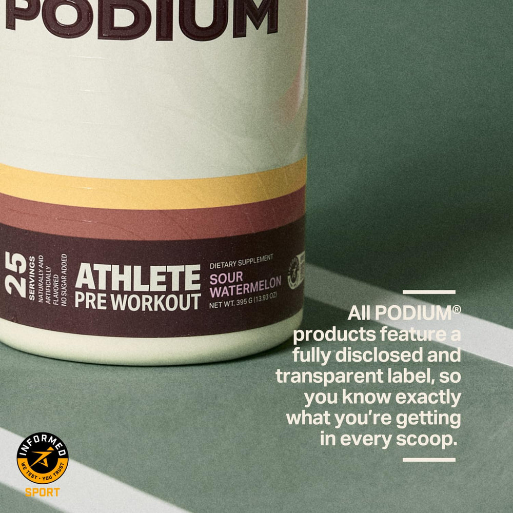 Podium Nutrition Pre-Workout mixing glass shows easy shake before exercises
