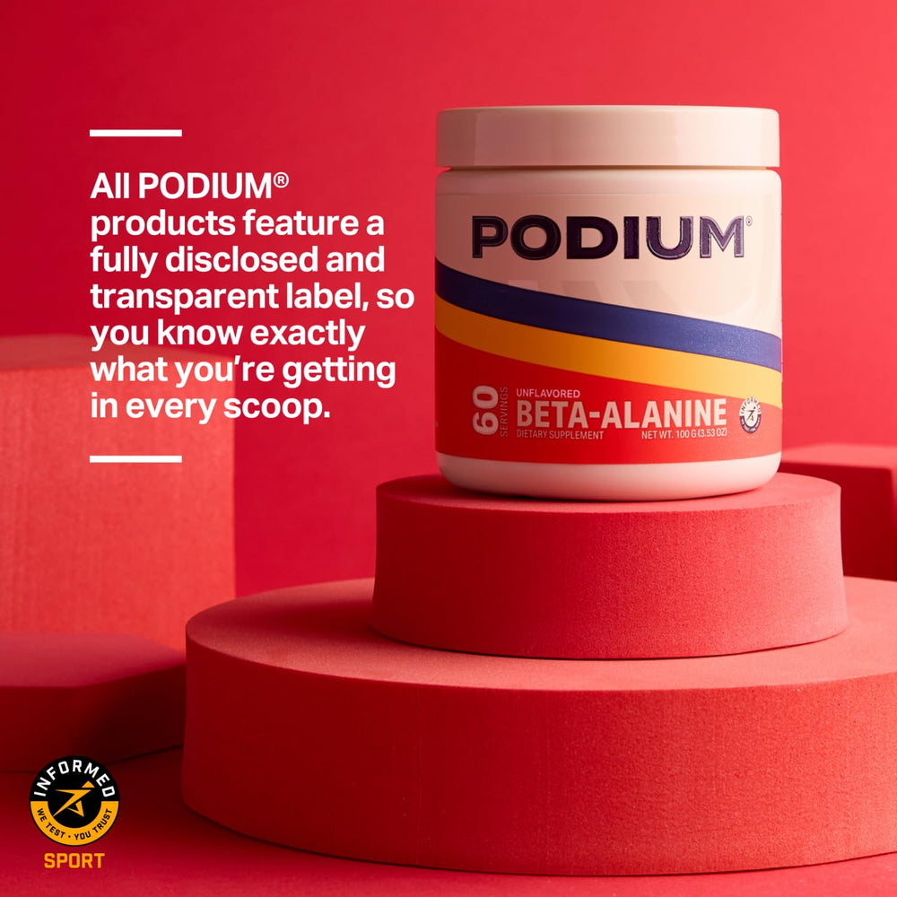 60-serving Podium Solos Beta-Alanine bottle designed for stacking with routines.