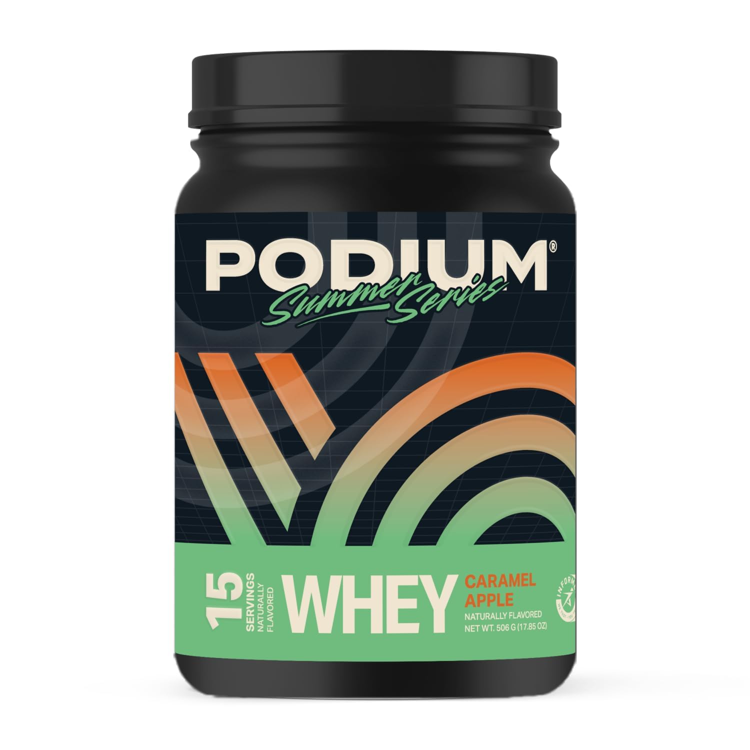 Podium Nutrition Whey Protein Powder Caramel Apple bottle front for post-workout recovery.