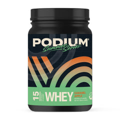 Podium Nutrition Whey Protein Powder Caramel Apple bottle front for post-workout recovery.