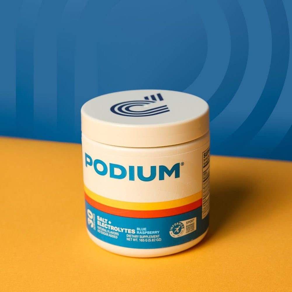 Podium Salt+Electrolytes packaging label close-up highlighting gluten-free formula