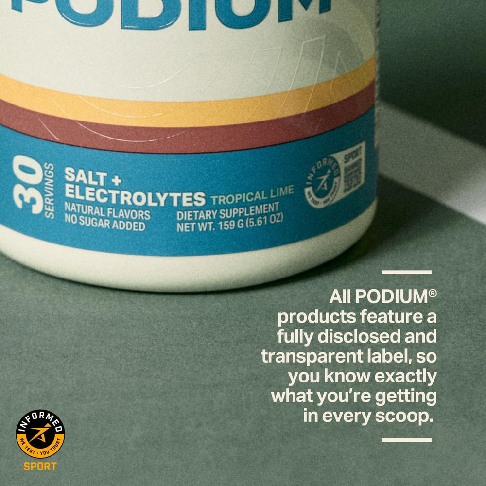 Podium Salt+Electrolytes Tropical Lime glass of water ready for hydration.