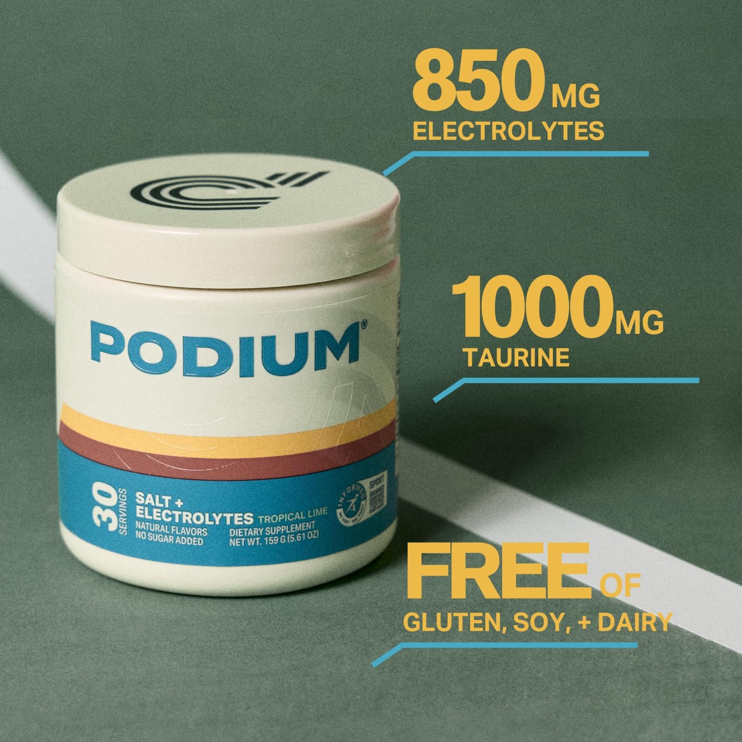 Podium Salt+Electrolytes Tropical Lime packaging shown for gluten-free choice.
